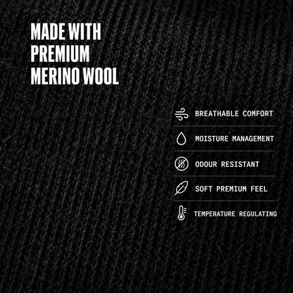 Close-up of black Merino wool blend fabric highlighting breathable comfort, moisture control and odour resistance