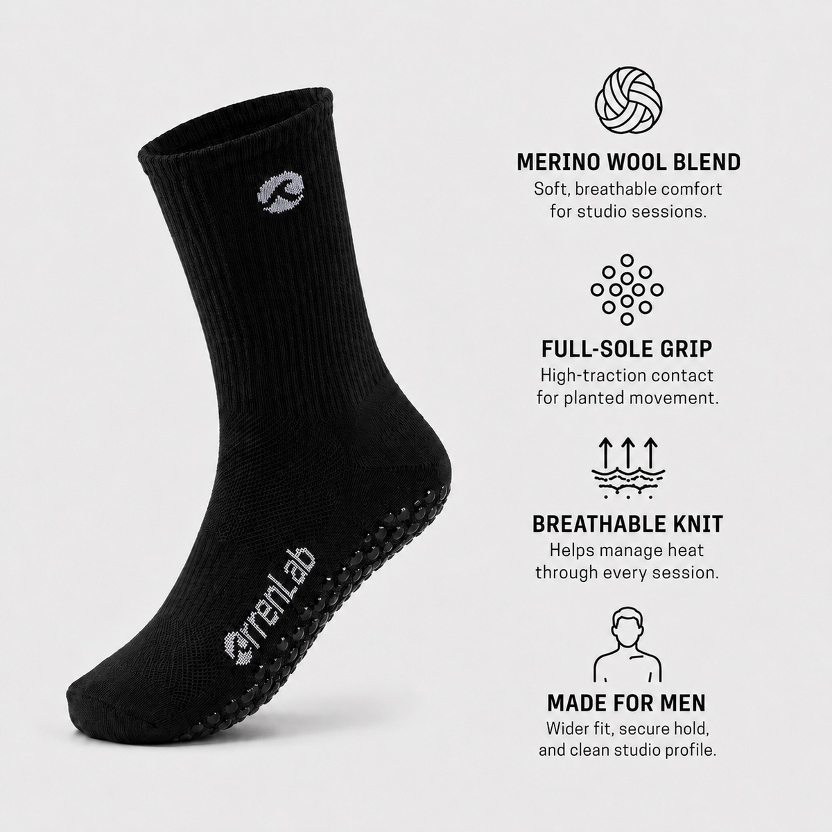 Black OrrenLab men’s Pilates grip sock with callouts for Merino wool, full-sole grip, breathable knit and wider fit