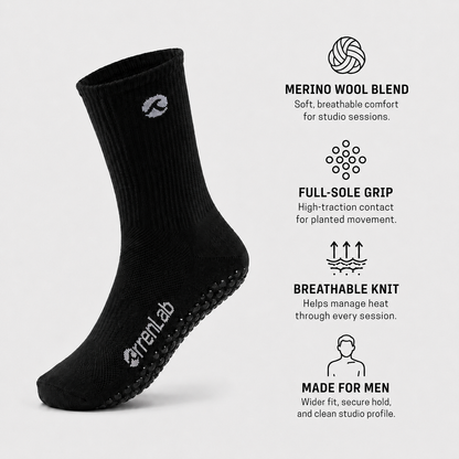 Black OrrenLab men’s Pilates grip sock with callouts for Merino wool, full-sole grip, breathable knit and wider fit